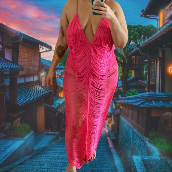 NEW Shein hot pink fringe cami dress with bodysuit - Picture 3 of 5